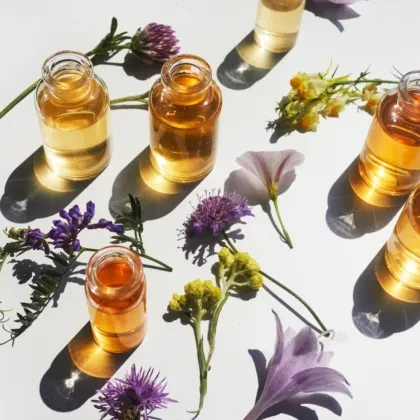 several bottles of essential oils and flowers on a white surface