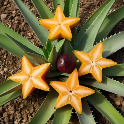 an orange star fruit on top of an aloe plant